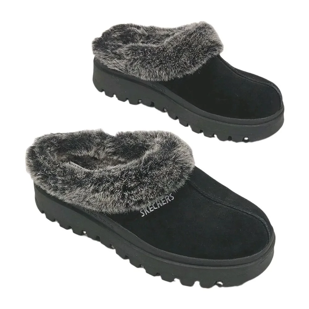 Skechers Shoe Clogs Shindig Platform Black Suede Faux Fur Lined Women Sz 9 Y2K
